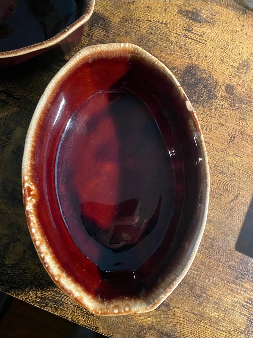 Set of 2 McCoy 7070 USA of proof Ceramic Brown and Deep Red Glazed Bowls
